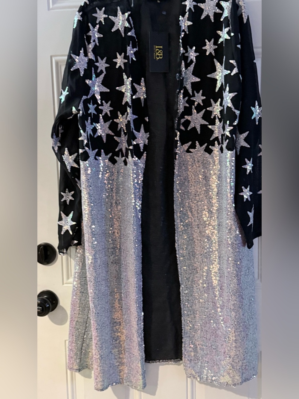 Sequin Star Embellished Black Long Cape Coat - Iridescent Pastel Stars